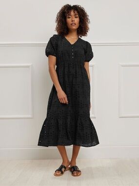 J. Crew Black Eyelet Cotton Puff-Sleeve Midi Dress Size 4